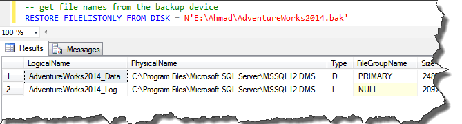 sql server restore database from backup file script